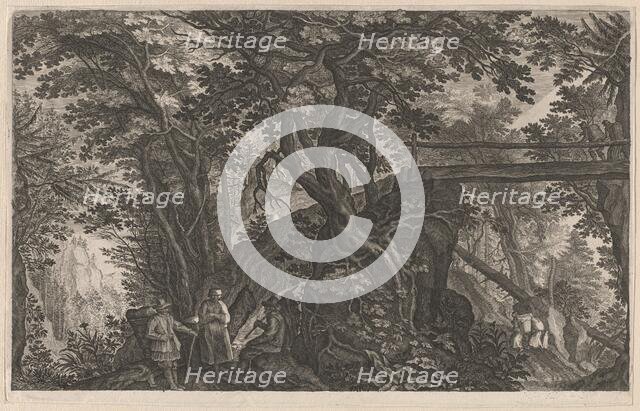 Travelers Resting in a Mountain Forest by a Log Bridge, 1600/1615. Creators: Aegidius Sadeler II, Pieter Stevens.