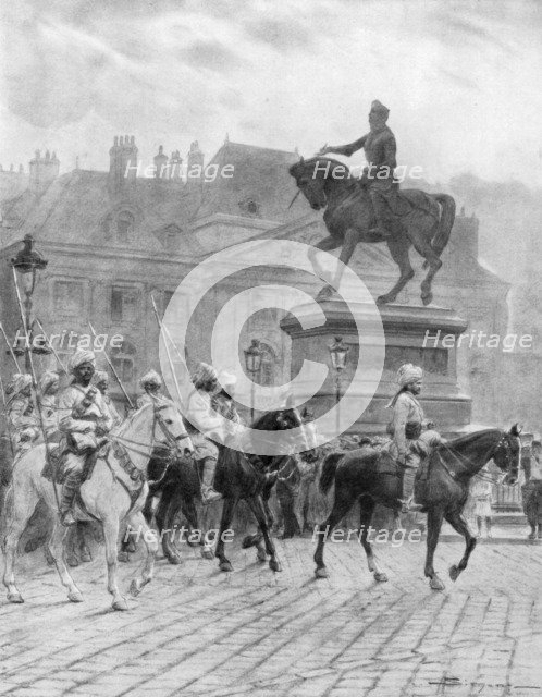'Bengal Mounted Lancers passing the statue of Joan of Arc', France, 1914, (1926).Artist: J Simont