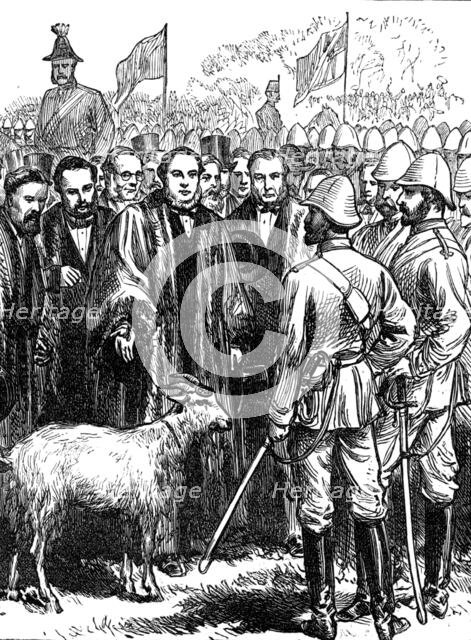 Return of troops from the Ashantee War: presenting a goat to the 23rd (Royal Welsh) Fusiliers, 1874. Creator: Unknown.
