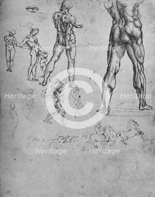 'Studies of Nude Soldier with Sword and Smaller Sketches', c1480 (1945). Artist: Leonardo da Vinci.