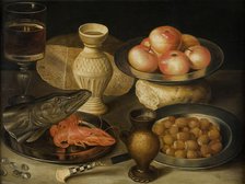 Still life with Siegburg stoneware jug, glass, knife, two loaves, three pewter plates…, Early 17th c Creator: Flegel, Georg (1566-1638).