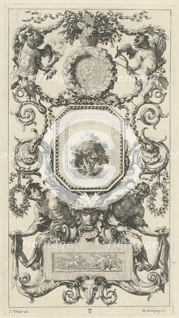 Ornamental Panel Surmounted by a Basket of Flowers with Cupid and Hymen, 1647. Creator: Michel Dorigny.