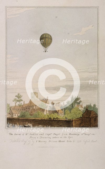 View of James Sadler's balloon over Mermaid Gardens, Hackney, London, 1811.  Artist: Anon