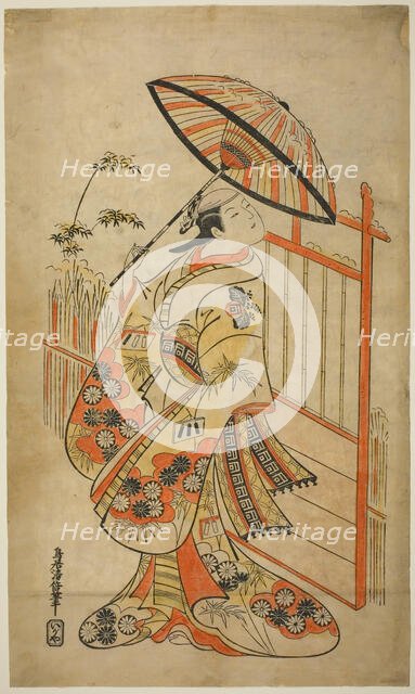 The Actor Sanogawa Mangiku I as Sanada, the daughter of the spinner Itoya, in the play "Hi..., 1718. Creator: Torii Kiyomasu.