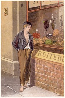 Temptation: A poor shoeless boy looking longingly at fruit on display in a shop window, c1880. Artist: Unknown