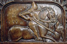 St George killing the dragon, chest carving, St Edmund's Church, Southwold, Suffolk. Artist: Ken Murrell