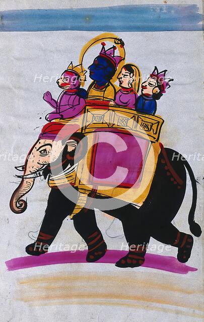 Hanuman leading an elephant carrying Rama, Sita and Laksmana. Creator: Unknown.