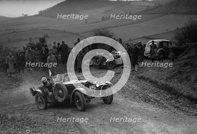 Frazer-Nash TT replica of TN Clare competing in the MG Car Club Midland Centre Trial, 1938. Artist: Bill Brunell.