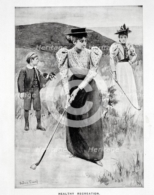 'Healthy Recreation'; two women golfers and their caddy, c1900. Artist: Unknown