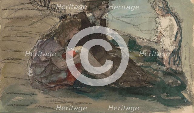 Woman with two children along the waterfront, 1881-1927. Creator: Johan Antonie de Jonge.