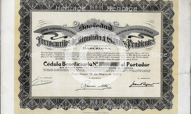 Beneficiary document of the Sociedad de Ferrocarriles de Montaña a Grandes Pendientes, S.A., Barc…