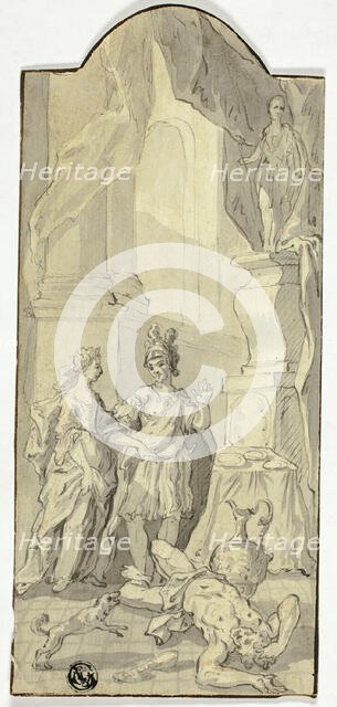 Warrior Conversing with Lady in Banquet, with Dead Man at Their Feet, n.d. Creator: Unknown.