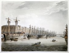 West India Docks, London, 1808-1810. Artist: Augustus Charles Pugin