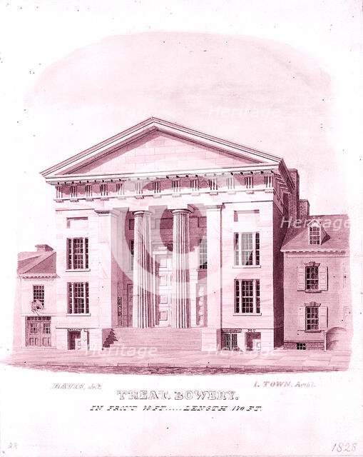 New Bowery Theatre, Elizabeth Street Facade, New York, 1828. Creator: Alexander Jackson Davis.
