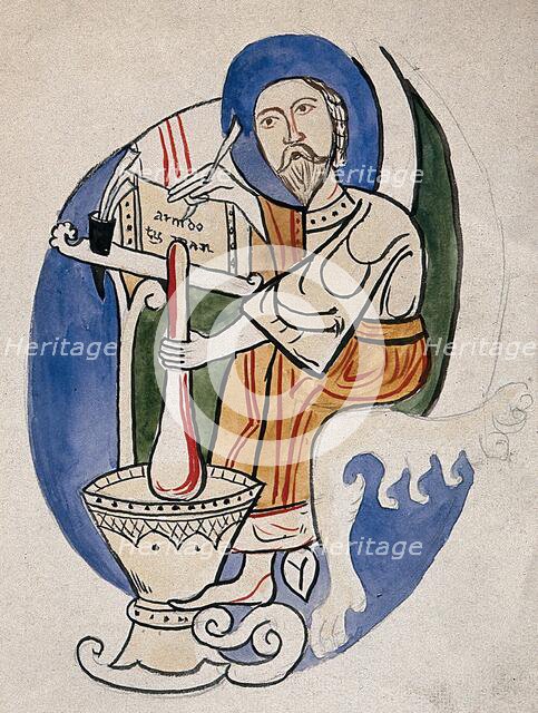 A scholar/apothecary mixing a concoction with a pestle and mortar and writing down the remedy... Creator: Unknown.