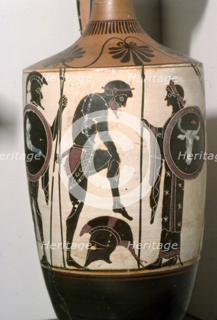 Black figured Lekytkos (oil-bottle), Warrior Arming, Athens, c490BC Artist: Edinburgh Painter.