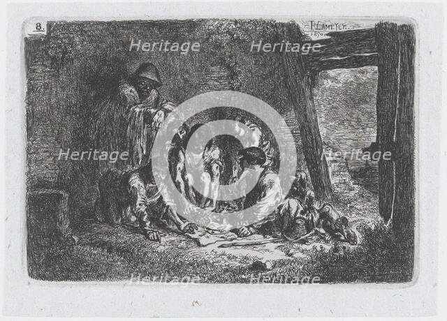 Plate 8: a group of figures some of whom are playing a game, from the series of customs an..., 1850. Creator: Francisco Lameyer Berenguer.