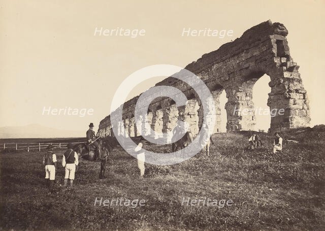 [Men on Horse by Roman Aqueduct], 1860s. Creator: Attributed to Altobelli & Molins.