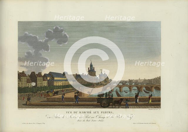 Vue du marché aux Fleurs, du Palais de justice, du Pont-au-change et du Pont-Neuf..., 1817-1824. Creator: Courvoisier-Voisin, Henri (1757-1830).