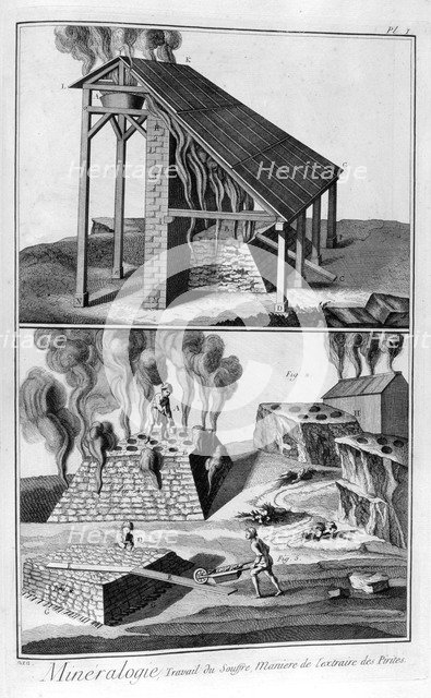 Mineralogy, extracting sulphur from pyrites, 1751-1777. Artist: Unknown