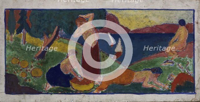 (Women in Landscape with Blue Border), before 1932. Creator: Carl Newman.