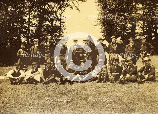 Group of men in uniform in front of a tipi, Buckinghamshire, 1913.  Creator: Unknown.