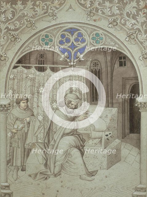 Sir John Mandeville writing an account of his voyage, c1410-c1420.  Creator: Master of the Mandeville Travels.