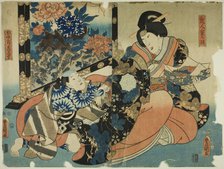 The actors Nakamura Tomijuro II as the wet nurse Shigenoi and Ichimura Uzaemon XIII as Jin..., 1854. Creator: Utagawa Kunisada.