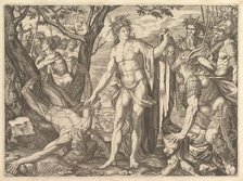 Apollo and Marsyas and the Judgment of Midas: at right Midas with the ears of an ass resti..., 1581. Creator: Melchior Meier.
