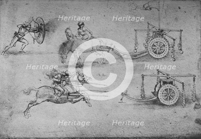 'Drawings of Chariots Armed with Flails, of an Archer with a Shield', c1480, (1945). Artist: Leonardo da Vinci.