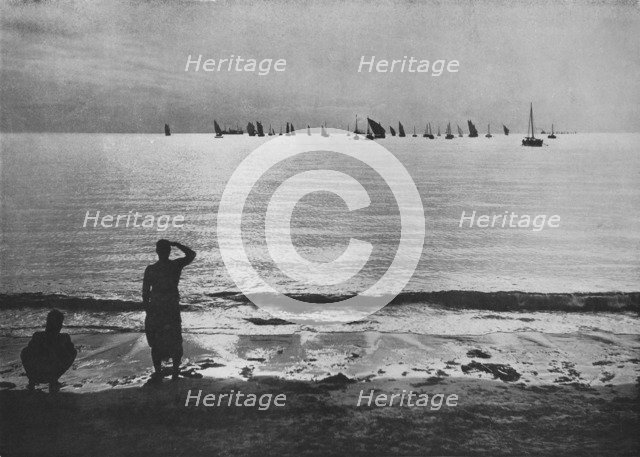 'Pearling Fleet Coming Back to Anchorage at Sunset', c1890, (1910). Artist: Alfred William Amandus Plate.