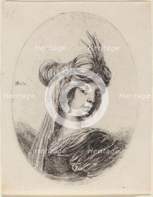 Woman in a Feathered Turban with a Veil, Turned to the Right, 1649/1650. Creator: Stefano della Bella.