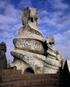 View of one of the chimneys crowning La Pedrera or Mila House, by Antoni Gaudí i Cornet (1852 - 1…
