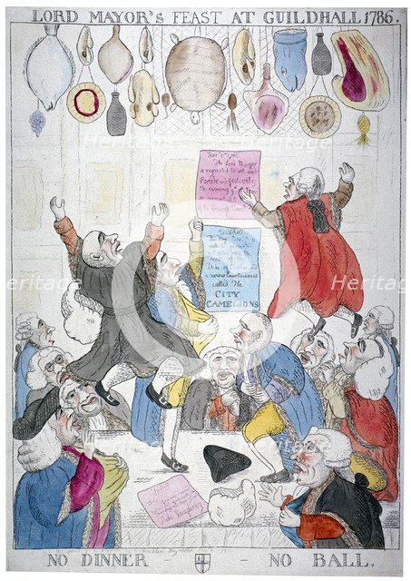 'Lord Mayor's feast at Guildhall, 1786, no dinner - no ball', 1786.      Artist: Anon