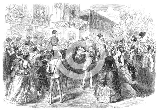 The Race for the Grand Prix de Paris: the winner led to the weighing place, 1870. Creator: Unknown.