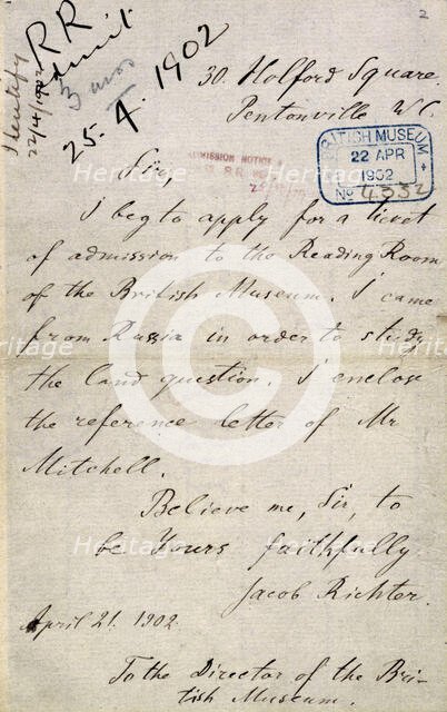 Lenin's letter applying for a ticket to the British Museum's Reading Room, 21 April 1902.  Creator: Vladimir Ilich Lenin.