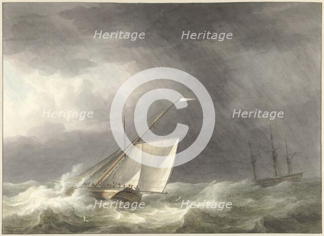 Two sailing ships on turbulent sea, 1803. Creator: Martinus Schouman.