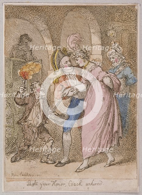 'Light your Honor Coach unhired'; scene at Covent Garden piazza,Cries of London, 1811. Artist: Anon