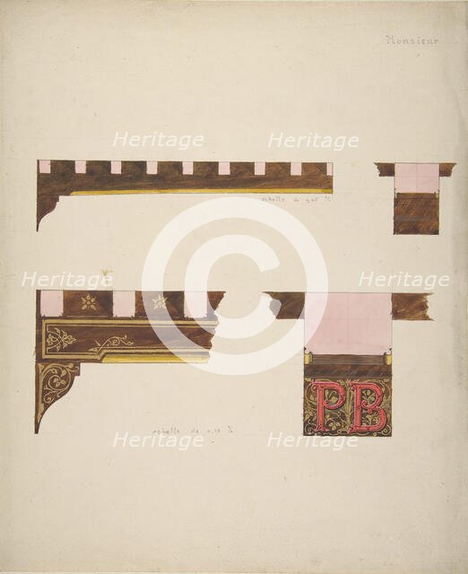 Designs for the painted decoration of ceiling timbers monogrammed "PB", second half 19th century. Creators: Jules-Edmond-Charles Lachaise, Eugène-Pierre Gourdet.