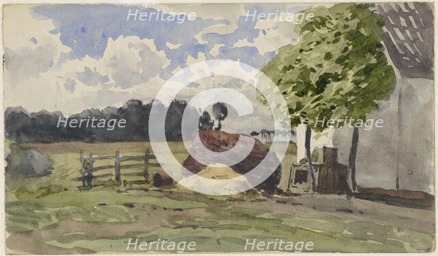 Pile of wood in a pasture at a farm, 1845-1925. Creator: Julius Jacobus van de Sande Bakhuyzen.