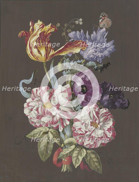 Arrangement of roses (Rosa), tulips (Tulipa), poppies (Papaver), and other flowers..., c1770. Creator: Unknown.