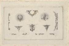 Banknote motif: ten different ornamental lathe work elements including a disk embel..., ca. 1824-42. Creator: Durand, Perkins & Co.
