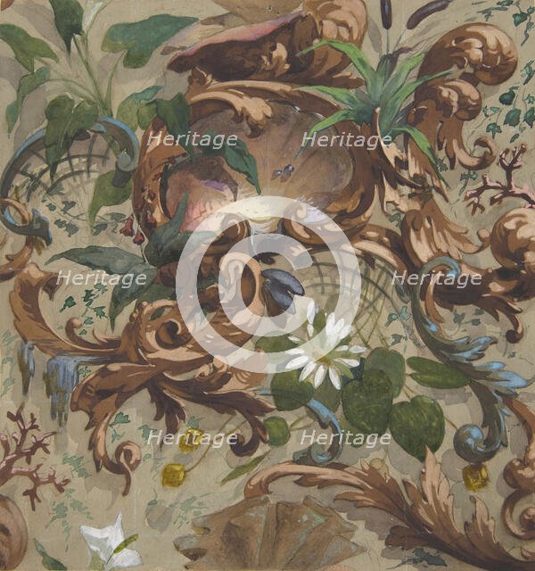 Design for wallpaper featuring shells, waterlilies, and cattails, 1830-97. Creators: Jules-Edmond-Charles Lachaise, Eugène-Pierre Gourdet.