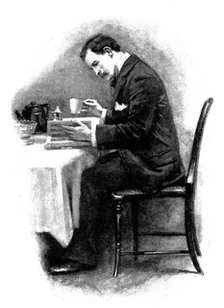 Eve's Ransom...Unclasping the volume, he opened immediately at this familiar face, 1895. Creator: George Meisenbach.