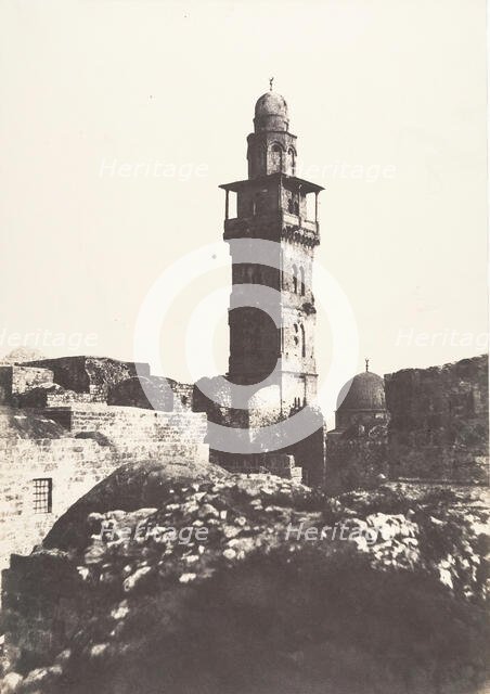 Jérusalem, Enceinte du Temple, Angle Nord-Ouest et minaret élevé en l'an 697 de l'Hégire, 1854. Creator: Auguste Salzmann.