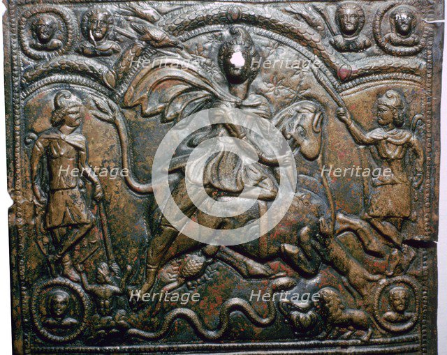 Bronze Roman relief of Mithras killing a bull. Artist: Unknown