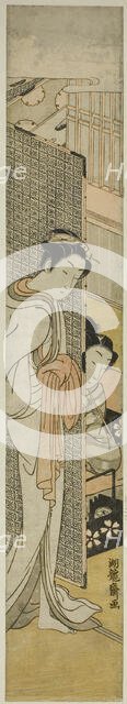 Courtesan Standing Behind Screen and Young Man Smoking, c. 1771. Creator: Isoda Koryusai.