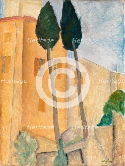 Cypresses and Houses at Cagnes , 1919. Creator: Modigliani, Amedeo (1884-1920).