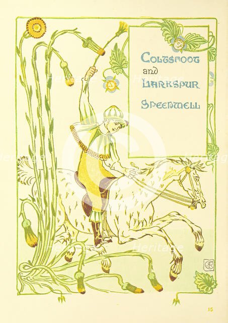 Coltsfoot and Larkspur, Speedwell, 1899. Creator: Walter Crane.
