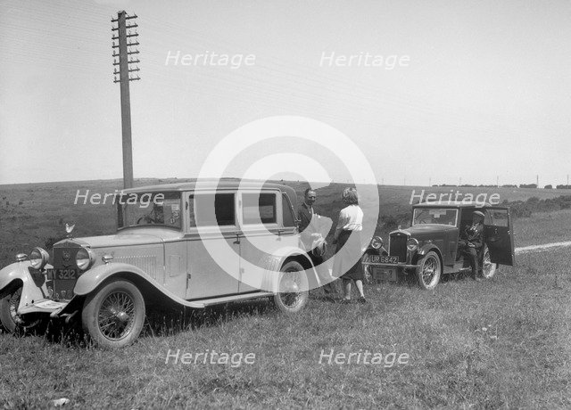 Wolseley Hornet of JW Whalley and Kitty Brunell's Bianchi saloon, B&HMC Brighton Motor Rally, 1930. Artist: Bill Brunell.